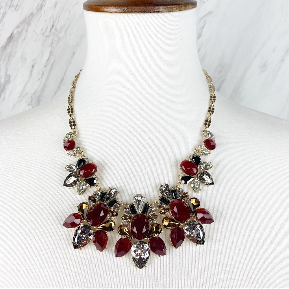 Lydell NYC Statement Bib Necklace Gold Red Crystal Rhinestone Art Deco Glam